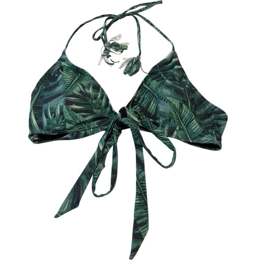 Amiani Leaf Print Halter Tie Front Triangle Swim Bikini Top Green XL